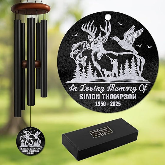 Personalized Hunter & Fisherman Memorial Wind Chime – Custom Wildlife Engraved “in Loving Memory” Outdoor Sympathy Gift – Remembrance Gift for Loss of Loved One – Rustic Windchime Tribute
