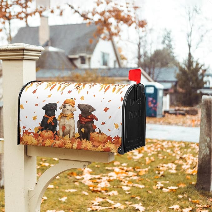 Fall Dog Mailbox Cover Magnetic Standard Size Autumn Themed Pumpkins Maple Leaves Puppy Print Mailbox Wrap Letter Post Cover 21x18Inch for Garden Yard Outside Outdoor Seasonal Decor