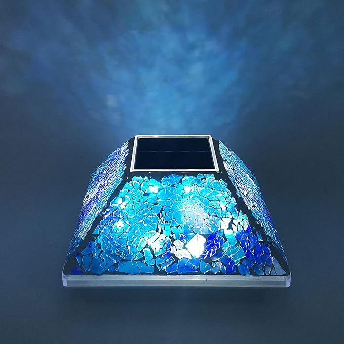 SUNNYPARK 2PK Mosaic Solar Post Cap Lights Outdoor for 4x4, 3.5x3.5 Post Crackled Glass Deck Fence Lamp Weatherproof LED Light Decor in Garden, Yard, Outdoor Table, Balcony, Landscape- Cyan Blue