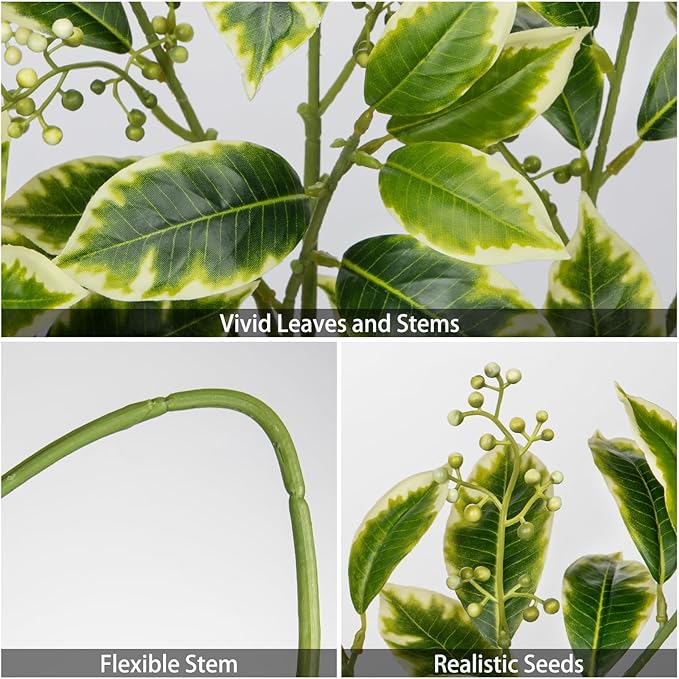 31.1" Artificial Ficus Branches Fake Leaf Stem with Seeds 3Pcs Long Faux Green Eucalyptus Branches Fake Plants for Home Bedroom Office Wedding Vase Table Centerpiece Decor