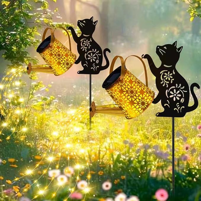 Solar Lights Outdoor Decorative, Watering Can with Cascading Lights, with Cat Silhouette Garden Stakes, Waterproof Metal Garden Decor for Yard Art, Outside, Patio, Lawn Ornaments 2PACK