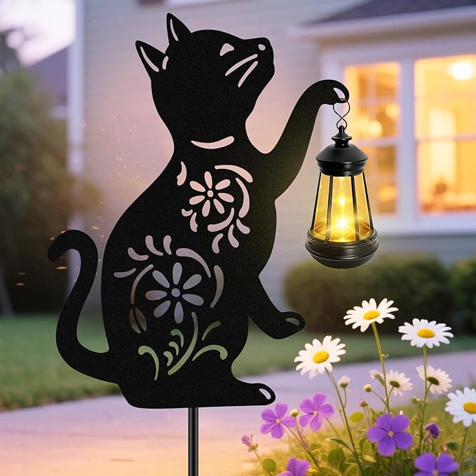 Solar Cat Hanging Lantern Outdoor, Christmas Black Cat Solar Lights, Cat Lover Gifts for Women Mom Grandma Birthday,Mother's Day,Waterproof Garden Ornaments Decor Outside Backyard,Patio,Pathway