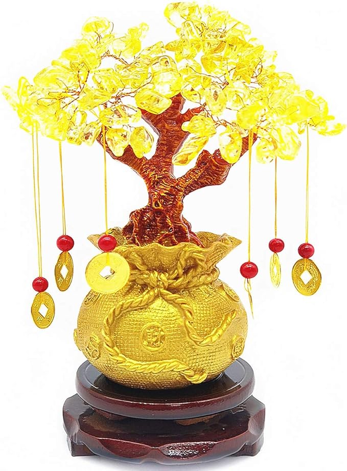 Feng Shui Citrine Quartz Crystal Money Tree Bonsai Style Decoration for Luck and Wealth (Purse)