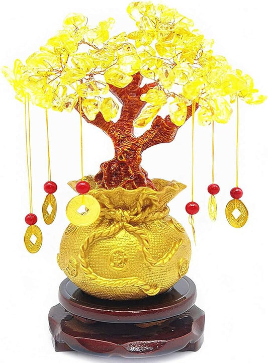 Feng Shui Citrine Quartz Crystal Money Tree Bonsai Style Decoration for Luck and Wealth (Purse)