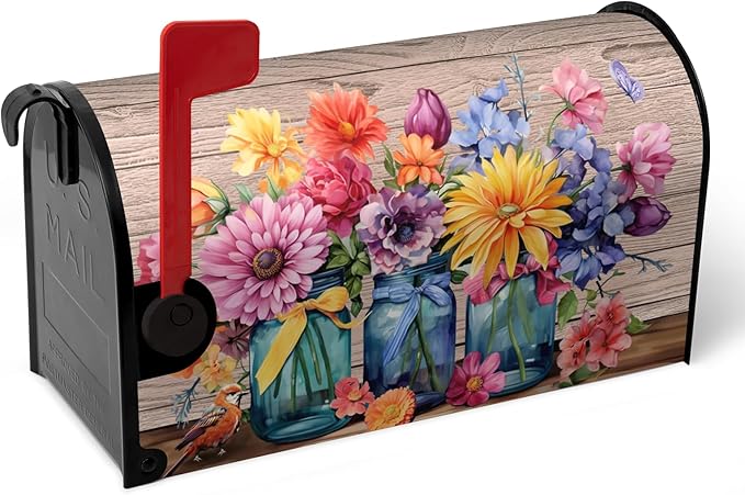 Fall Floral Mailbox Cover Magnetic Oversized Butterfly Daisy Jars Rustic Mailbox Wraps Autumn Colorful Flowers Mail Box Covers Decals Letter Post Box Outdoor Decor Large Size 25.5 X 21 Inch