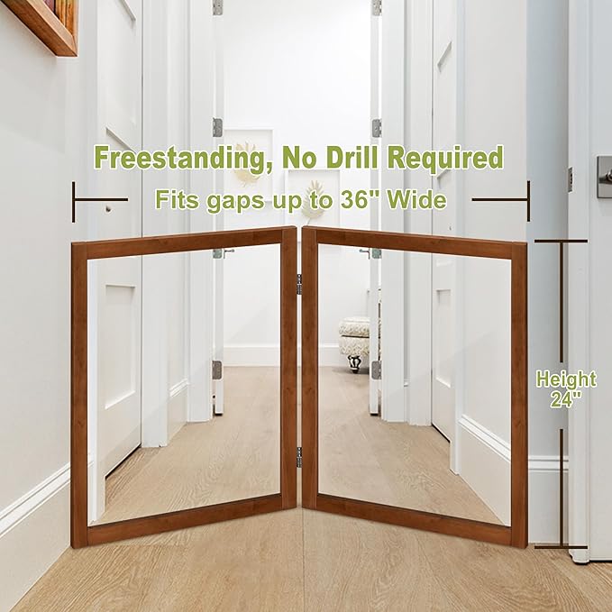 LZRS Clear Dog Gate for Indoor Use - Transparent Pet Fence with Solid Hardwood and Plastic Board, Stylish & Durable freestanding Pet Gate for Doorways, Stairs and Hallways-2 Panel Cherry