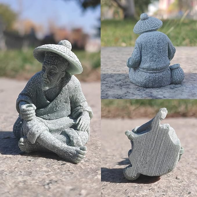 livelyfish Mini Fisherman Statue Asian Zen Decoration Sitting Fishing Figurines Sandstone Vintage Ornament for Aquarium Fish Tank Pot Garden Home Japanese Decor (A)