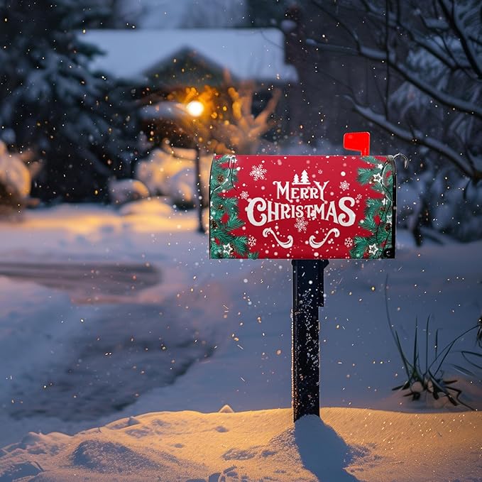 Merry Christmas Mailbox Covers Winter Snowflake Oversize Magnetic Mailbox Wrap Poinsettia Xmas Trees Letter Post Box Cover Large Size 21*25.5 Inch Garden Yard Home New Year Holiday Decorative