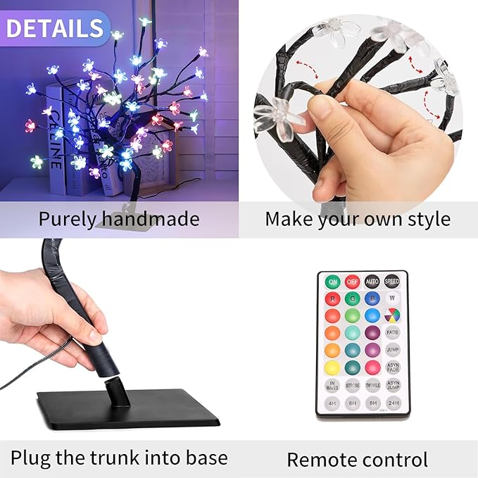 2 PK Cherry Blossom Tree Lights,Artificial Bonsai Tree with 48 Warm White Led Lights, 16.2 Inch Prelit Cherry Blossom Lamp for Christmas Party Wedding Gift Home Tabletop Decoration