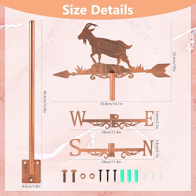 SUPERDANT Goat Weather Vane Animal Wind Vanes for Yard Metal Weathervane Roof Mount for Gardens Outside Reddish Bronze Weathervanes Farmhouse Farm Barn Sheds Patio Decorations