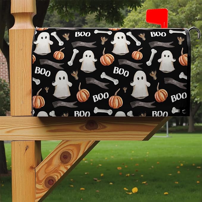 Boo Spooky Mailbox Magnetic Covers Halloween Ghost Mailbox Cover 25.5x21 inch Pumpkin Mail Box Wrap Decorations for Outside Garden Yard Black