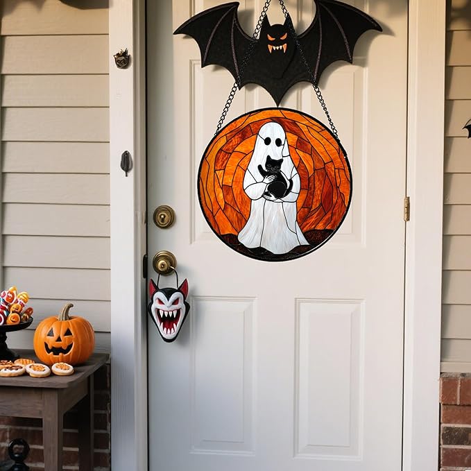 Stained Glass Window Hanging - Halloween Cute White Ghost Black Cat Suncatcher for Doors Garden Home Spooky Orange Sun Catchers Gothic Decor Horror Gift for Women Men Friend Boy Girl 6.3 in