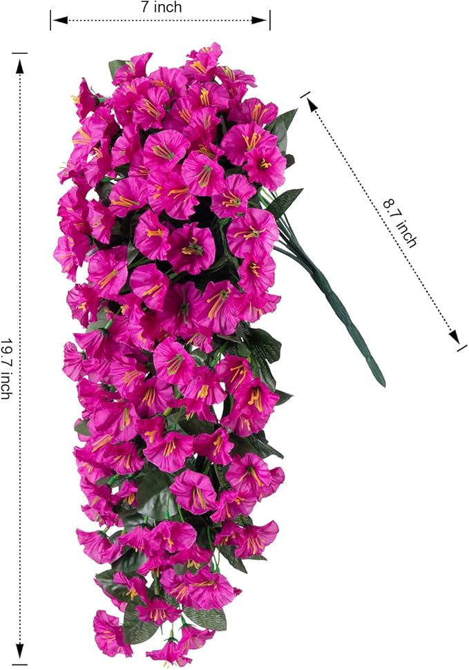 Artificial Fake Hanging Flowers Plants for Outdoor Outside Decoration, 2PCS Faux Silk UV Resistant Look Real Fuchsia Morning Glory Trailing Vines for Home Planter Porch Patio