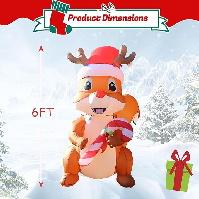 6FT Christmas Inflatables Squirrels Wrapped Colorful Lights, Funny Christmas Blow Ups Squirrels Decoration, Built-in LEDs for Holiday Party Front Garden Lawn Yard Patio Outdoor