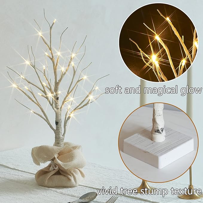 Fudios Lighted Birch Tree with Timer Battery Operated 18in Home Decor Tabletop, Pre lit Artificial Birch Trees with 24 LED for Wedding Christmas Party 2 Sets