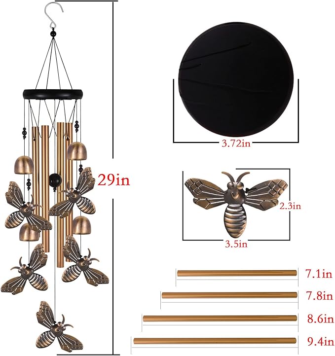 Bronze Bee Wind Chime, Gifts for Mom, Home, Garden, Balconies, Room, Patio, Indoor, Outdoor Bee Decoration, Bee Chimes, with 4 Aluminum Tubes 5 Bees Wind Chimes, Bee Wind Catcher, Bee Wind Bells Decor