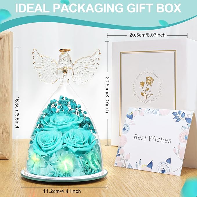 Preserved Flower Rose Gifts for Women, Forever Eternal Fresh Flowers in Glass Angel Figurines Flowers for Delivery Prime for Grandma Mom Sister Her Wife on Mothers Day Birthday Christmas Thanksgiving