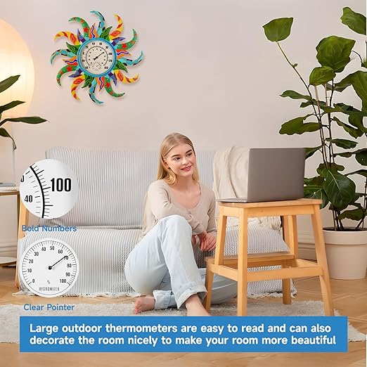 Large Blue Sun Outdoor Thermometer & Hygrometer Combo, 25'' Indoor Outdoor Wall-Mounted Thermometer Gauge, Decorative Indoor Outside Temperature Thermometer for Patio, Garden, Living Room,Kitchen