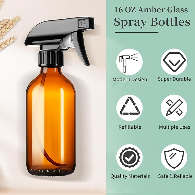 8oz Amber Glass Spray Bottles,6 Pack Glass Spray Bottles Refillable Empty Bottle with Adjustable Nozzle,Spray Bottle for Essential Oils,Cleaning Solutions,Pets,Hair Mister,Gardening