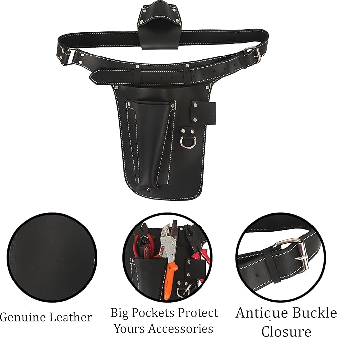 Handmade Full Grain Genuine Leather Florist Tool Belt for Construction, Gardening, Electrician - Waist Pouch with Pockets (Black)