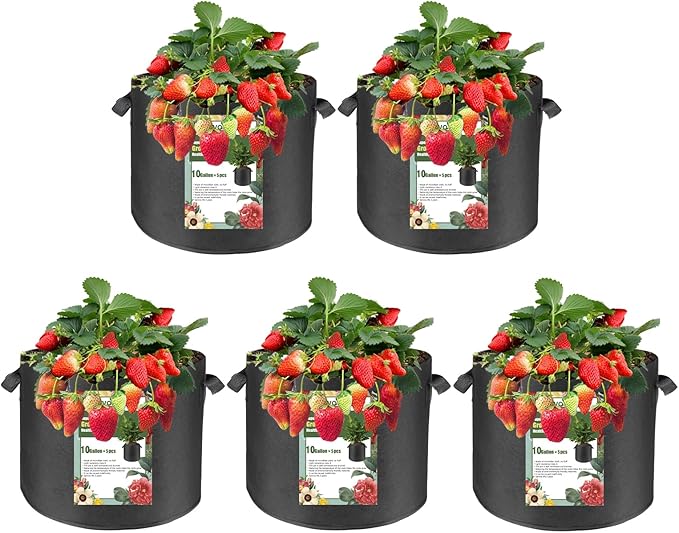 5-Pack 10 Gallon Fabric Grow Bags with Handle, Heavy Duty 300G Thickened Nonwoven with Handles and Reusable, Suitable for Garden Vegetables,Fruits and Flowers(Black)