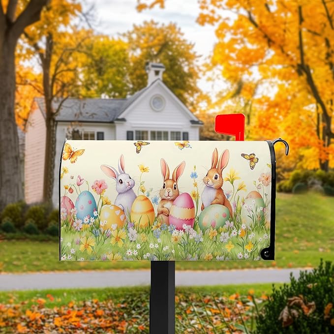 Easter Mailbox Covers Rabbits Mailbox Cover Standard Size 21x18 in Spring Floral Post Letter Box Cover for Garden Yard Decoration Waterproof Oxford Beautiful Eggs