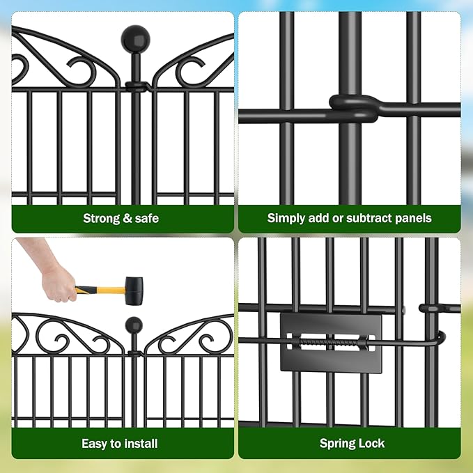 5 Panel No Dig Decorative Garden Fence with Gate - 48in H x 11.2ft L, Tall Animal Barrier for Dogs Rabbits, Rustproof Metal Wire Panels for Yard, Patio, and Outdoor Border Use