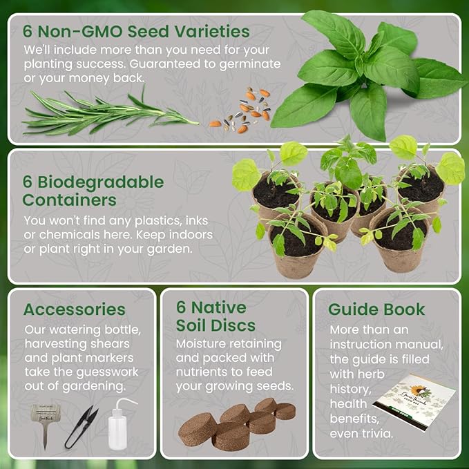 Herb Garden Kit Indoor, Non-GMO Herb Seeds, Native Planting Soil, Gardening Gifts for Women and Men, Complete 6 Herb Starter Kit, Kitchen Window Herb Garden, DIY Grow Plants at Home, Herb Growing Kit