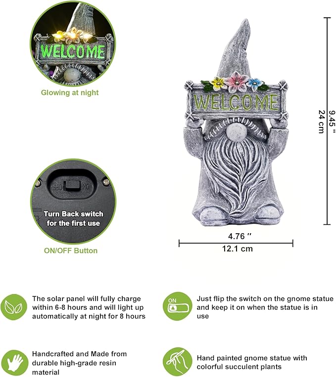 Nacome Solar Gnome Statue for Garden Decor: Outside Sculpture with Flower Welcome Sign Clearance for Yard Art Lawn Ornaments Porch Patio Balcony - Birthday Gifts for Grandma Mom Women(Grey)