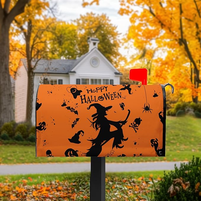 Happy Halloween Mailbox Covers Magnetic Standard Size 21x18 inch Witch Spider Mail Box Cover Skull Ghost Post Letter Box Cover for Outdoor Garden Decor Orange