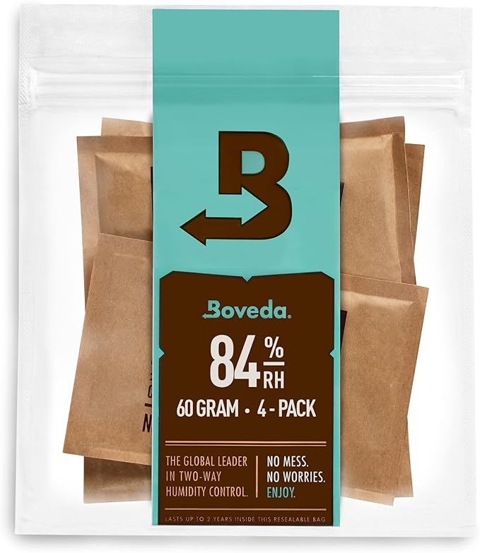 Boveda For Seasoning Two-Way Humidity Control Packs – 84% RH to Season a Wood Humidifier Box (Small- to Medium-Size, Up to 100-Count) – Size 60 – 4 Pack in a Resealable Bag