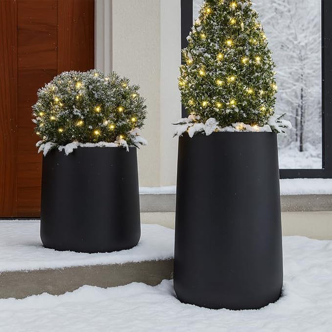 14"H x 13.7"D Conico Fiberstone Round Planter - Christmas Tree Planter, Smooth Finishes, Weather Resistant for Indoor and Outdoor Use, Included 2 Extra Coco Mats (Black, 10.6" Pot Opening)