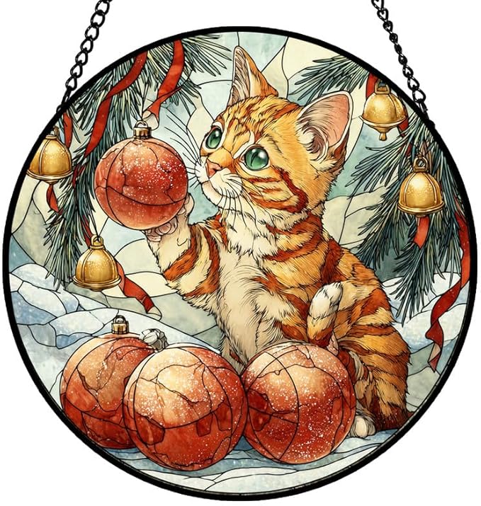 Stained Glass Window Hanging – 11.8 in Kitten with Christmas Ornaments Panel with Chain， Bathroom Front Door Living Room Garden Decor， Gift for Mom Wife Lovers