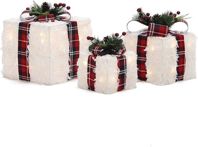 LuxenHome Set of 3 Lighted Gift Boxes, Battery Operated White Feathery Fabric with Red Ribbon Bow Boxes for Xmas, Lawn, Porch, Under Tree Indoor, Outdoor Christmas Decorations