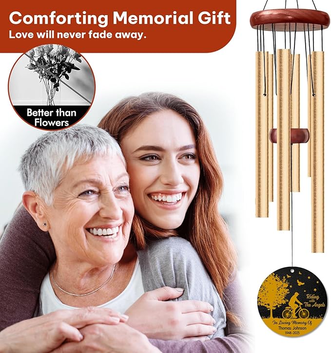 Personalized Cyclist Memorial Wind Chime – “Riding with The Angels” Custom Name & Years – Sympathy Gift for Biker Families – Memorial Windchimes for Loss of Loved One – Garden Remembrance Décor
