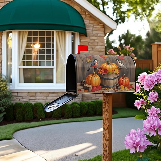 Fall Thanksgiving Day Large Mailbox Covers Magnetic Oversized Autumn Pumpkin Birds Maple Leaf Harvest Themed Seasonal Outdoor Decorative Letter Box Cases for Home Garden Outside Decor, 25.5 x 21 Inch