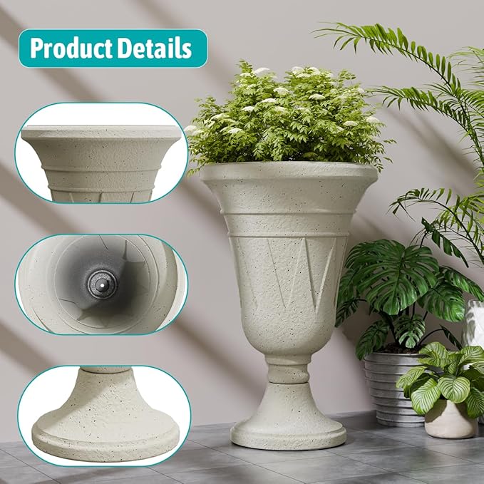 Tall Plastic Urn Planters for Outdoor Plants Set of 2-23.6" H Classic Trophy Design Indoor Large Flower Pots with Drainage Holes, Outdoor Planters for Porch Decor/Garden Vase, Off-White