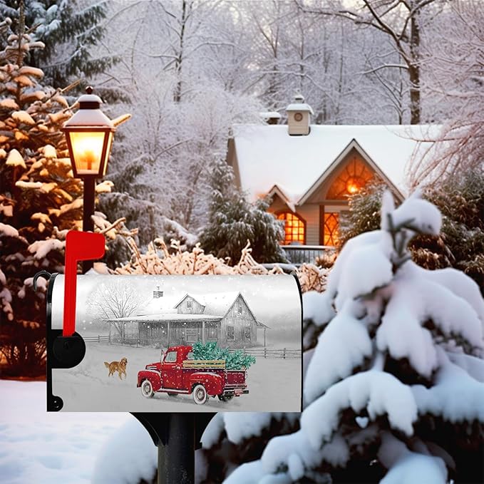 Winter Mailbox Cover Red Truck Snowflake Mailbox Wrap with Magnetic Strip Christmas Dog Snowy Letter Post Box Cover Decoration Welcome Home Outdoor Standard Size 21" Lx 18" W