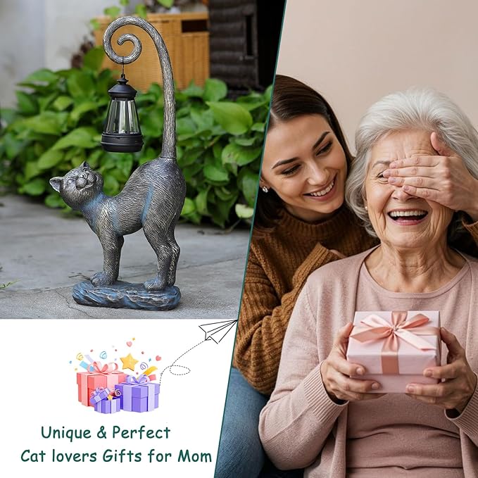 Outdoor Christmas Decorations Gifts Cat Garden Statues with Solar Lights, Fall Home Decor Cat Figurines for Lawn,Patio,Balcony,Porch,Yard Art Ornament- Birthday Gifts for Women Grandma Sister