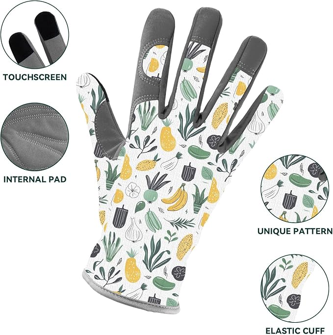 Gardening Gloves for Women, Printed Touchscreen Garden Gloves with Grip, Thorn-Proof Puncture-Resistant Work Gloves