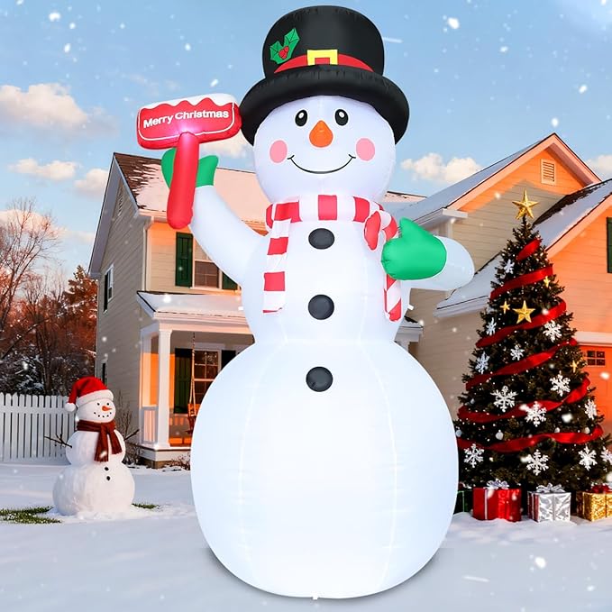 GOOSH 10.3 FT Christmas Inflatables Snowman Outdoor Decoration Blow Up Holds a Red Sign with Built-in LEDs for Garden Lawn Indoor Party Decor