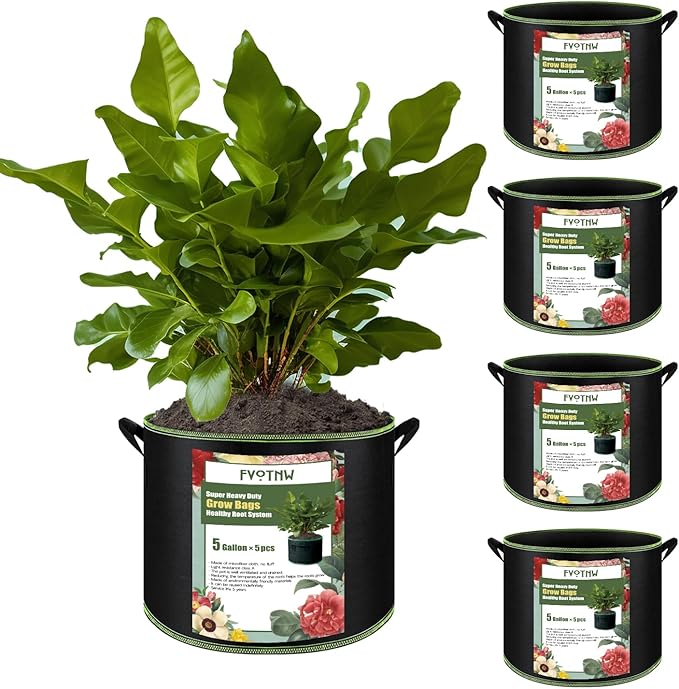 5-Pack 5 Gallon Plant Grow Bags, Thickened Nonwoven Fabric Pots with Handles,Durable Garden Planters Aeration Gardening Container to for Plants, Vegetables, and Flowers