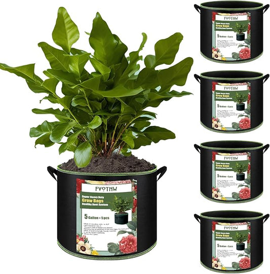 5-Pack 5 Gallon Plant Grow Bags, Thickened Nonwoven Fabric Pots with Handles,Durable Garden Planters Aeration Gardening Container to for Plants, Vegetables, and Flowers