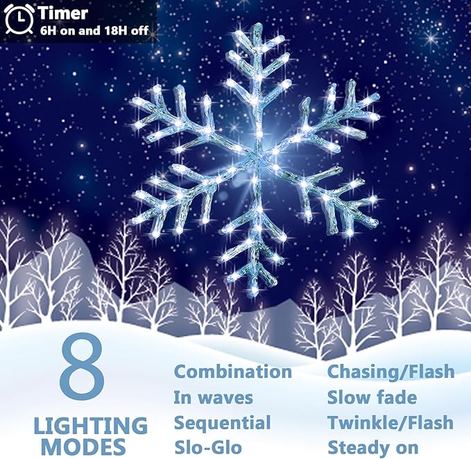 Christmas Window Snowflake Lights Decorations, Battery Operated Led Hanging Iron Lights, 8 Lighting Modes for Home Bedroom Indoor Outdoor Wall Holiday Decor (Cool White, 2 Pack)
