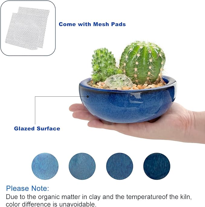 Bonsai Planter 4.9" 5.7" 2pc Small Succulent Glazed Pots + 6 Soft Mesh Drainage Screens