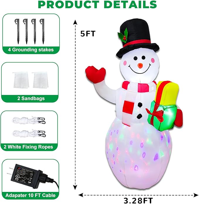 5FT Rotating LED Inflatable Snowman Outdoor Decor - Christmas Blow Up Yard Decoration with Waterproof Design, Holiday Lawn Ornament for Xmas Party Ideal Kids Gift