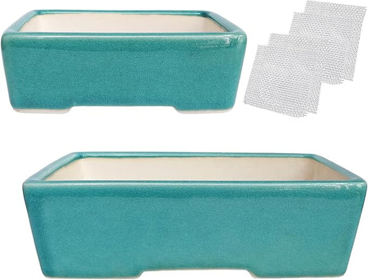 Set of 2 Zisha White Clay Bonsai Pot Glazed Shallow Succulent Planter Blue