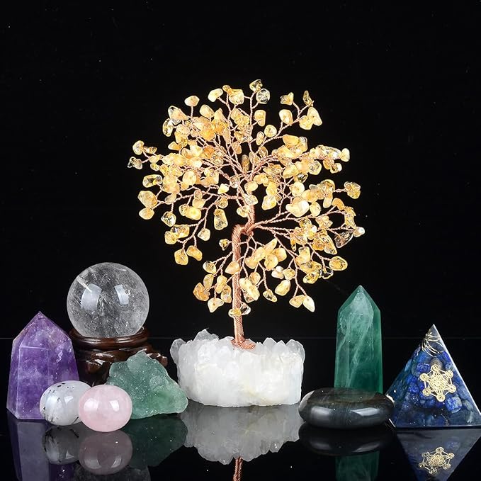 Natural Citrine Gemstone Crystal Tree of Life,Clear Quartz Cluster Base,Bonsai Money Tree Feng Shui Home Decor,Healing Crystals Positive Energy for Luck and Wealth 5.5"-6.3"