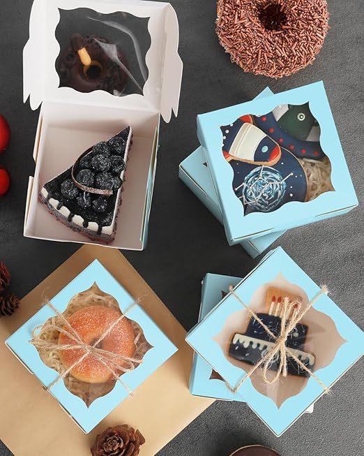 qiqee Light Blue Bakery Box with Window 4x4x2.5 inch 30Packs Macaron Boxes Small Donut Pastry Boxes for Party Mini Cookie Boxes