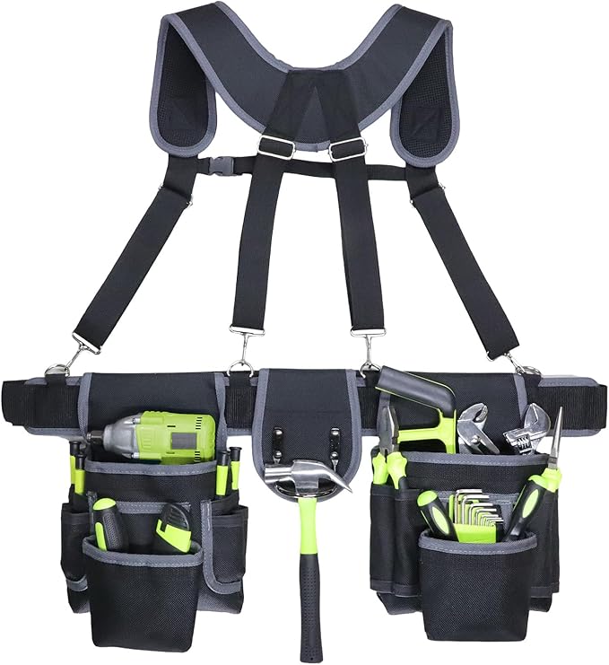 Tool Belt, Tool Belts for Men, 32 to 66 Inches Adjustable Waist, Electrician and Carpenter Tool Belt with Suspenders for Construction and Gardening, Black and Grey